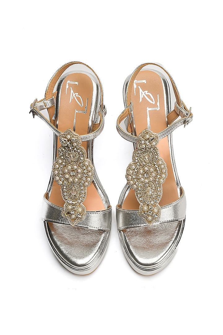 Silver Faux Leather Embroidered Wedges by NIDHI BHANDARI at Pernia's Pop Up Shop