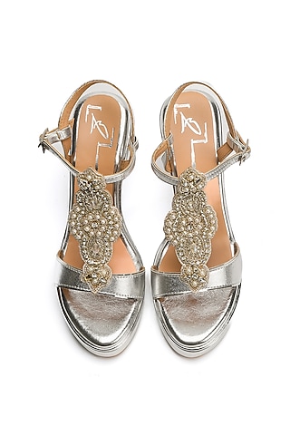 Silver Faux Leather Embroidered Wedges by NIDHI BHANDARI