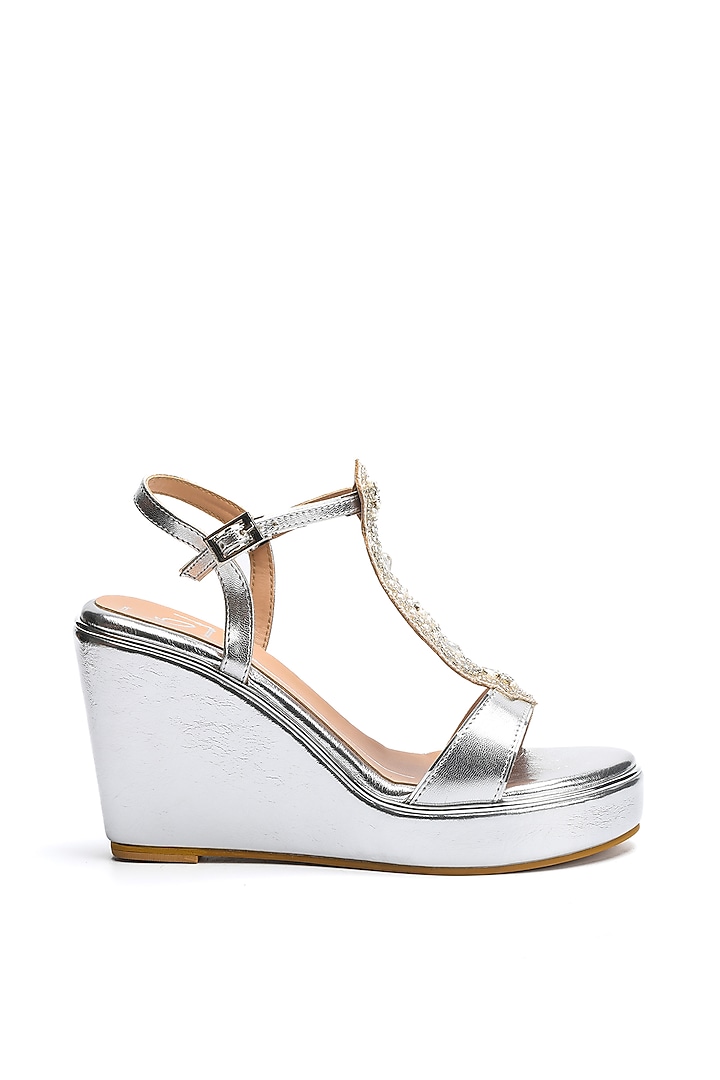 Silver Faux Leather Embroidered Wedges by NIDHI BHANDARI at Pernia's Pop Up Shop