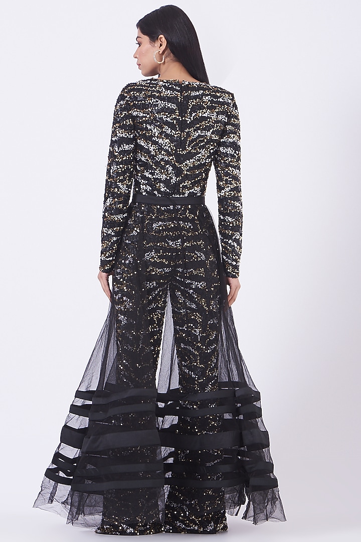 Black Embroidered Jumpsuit With Drape by Nitya Bajaj at Pernia's Pop Up Shop