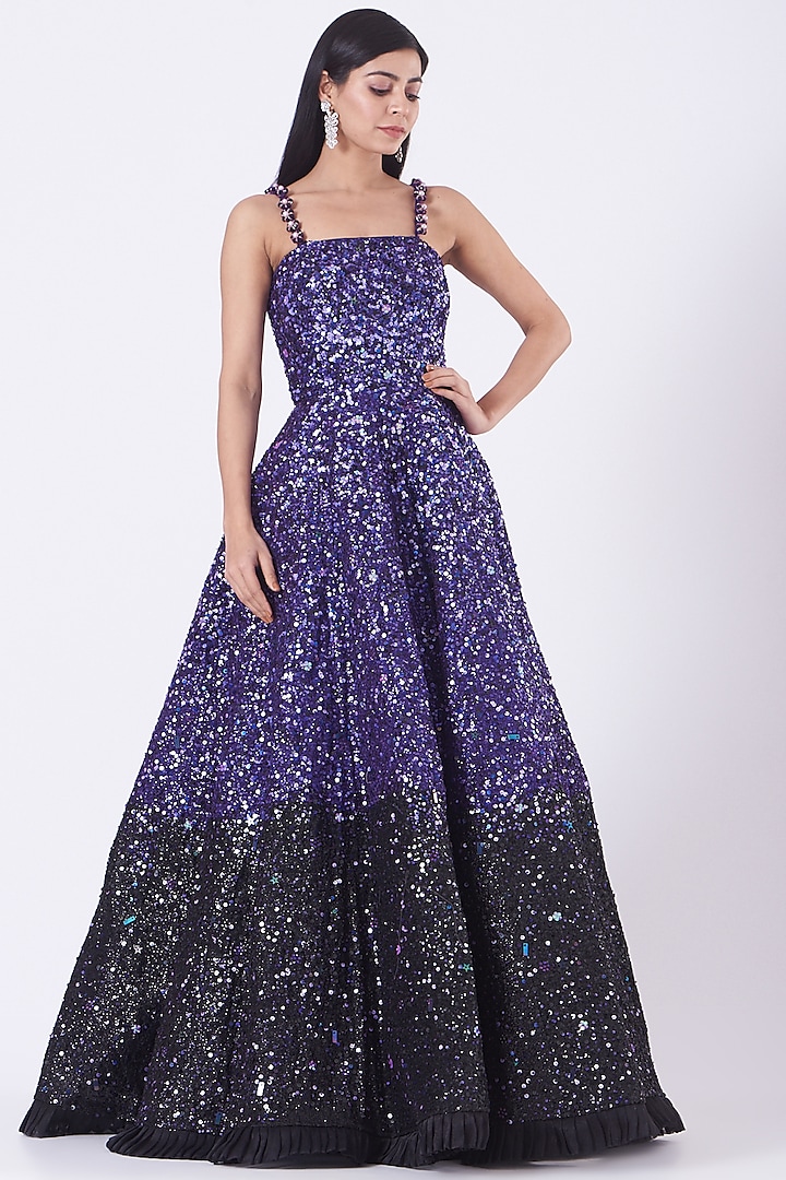 Purple Ombre Embroidered Gown by Nitya Bajaj