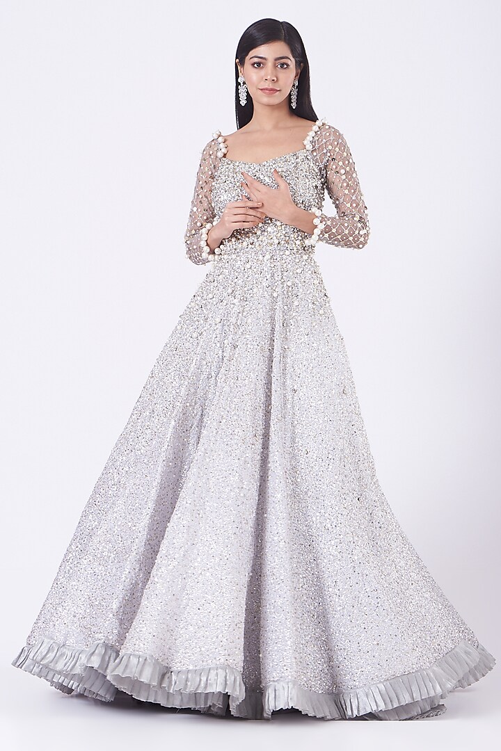 Silver Embroidered Gown by Nitya Bajaj