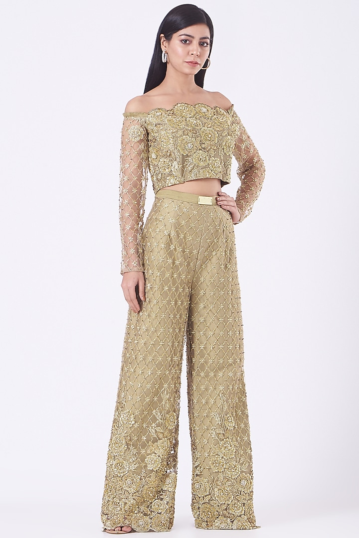 Golden Embroidered High-Waisted Pant Set by Nitya Bajaj