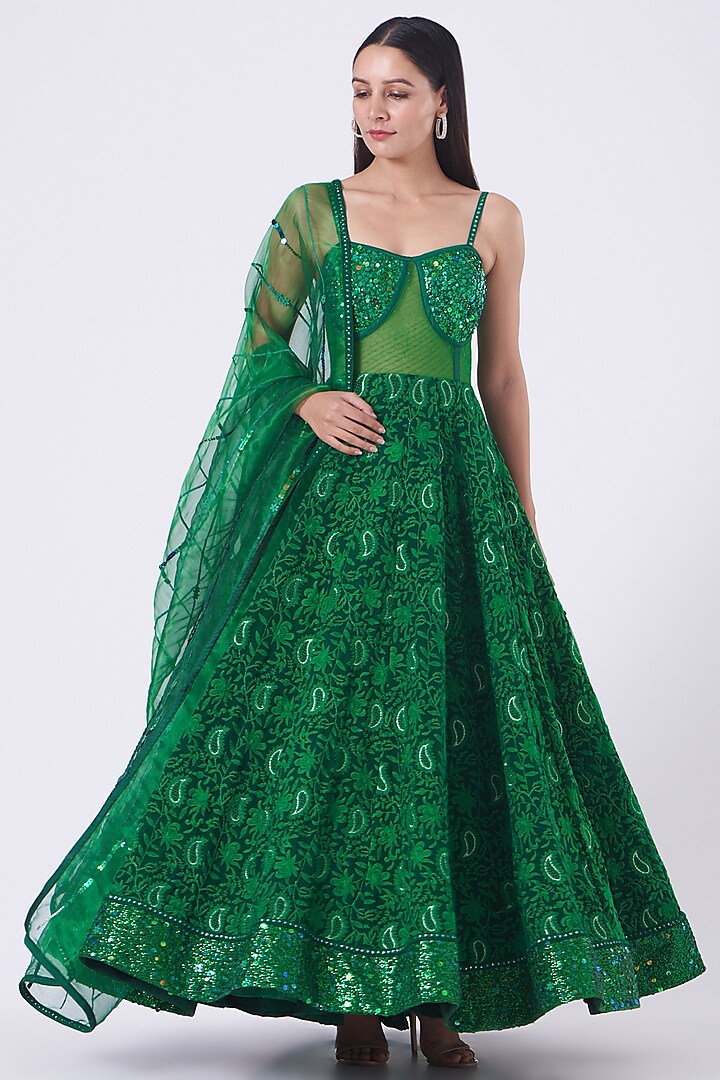 Emerald Green Embroidered Skirt Set by Nitya Bajaj