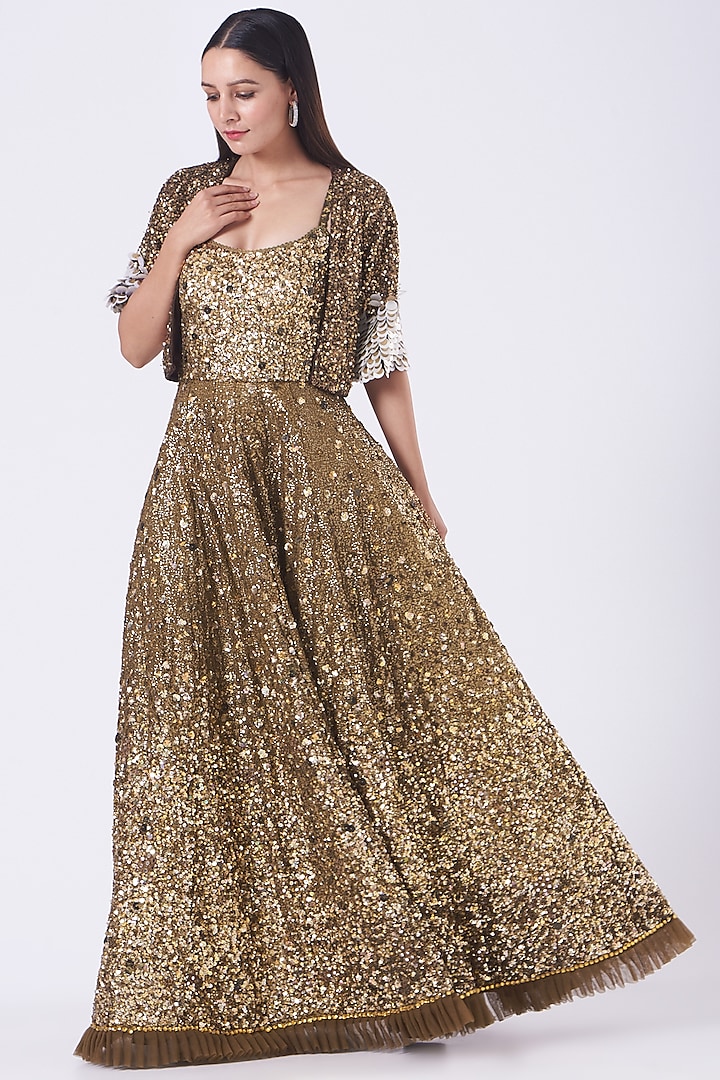 Copper Embroidered Gown With Shrug by Nitya Bajaj