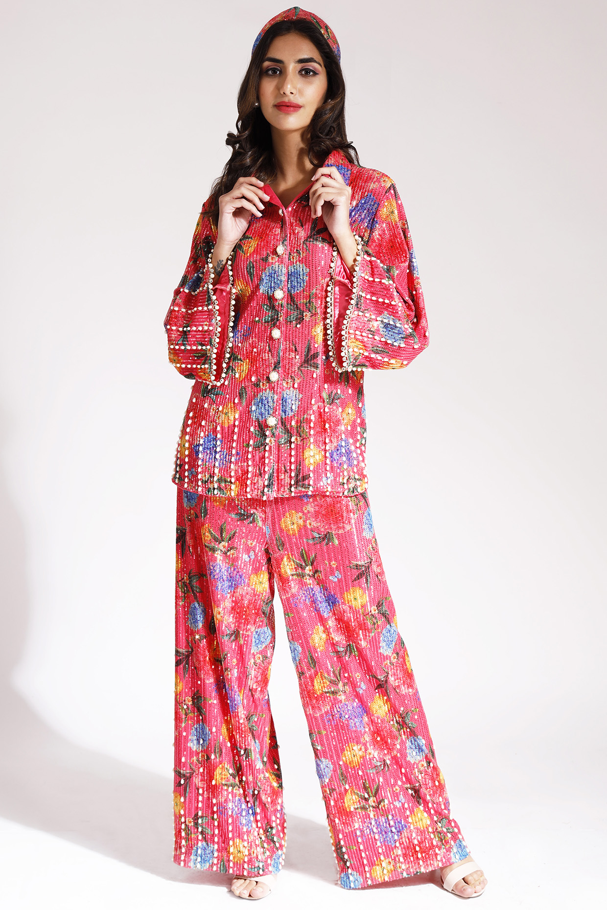 Coral Net Embroidered Pant Set by Nitya Bajaj at Pernia's Pop Up Shop