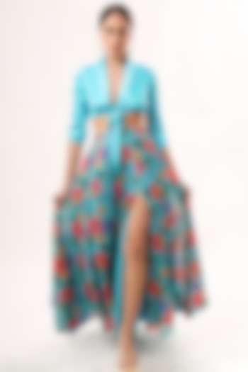 Turquoise Net Embroidered Skirt Set by Nitya Bajaj