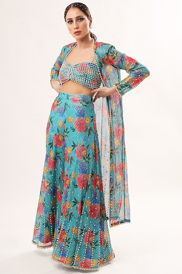 Turquoise Net & Satin Embroidered Sharara Set by Nitya Bajaj
