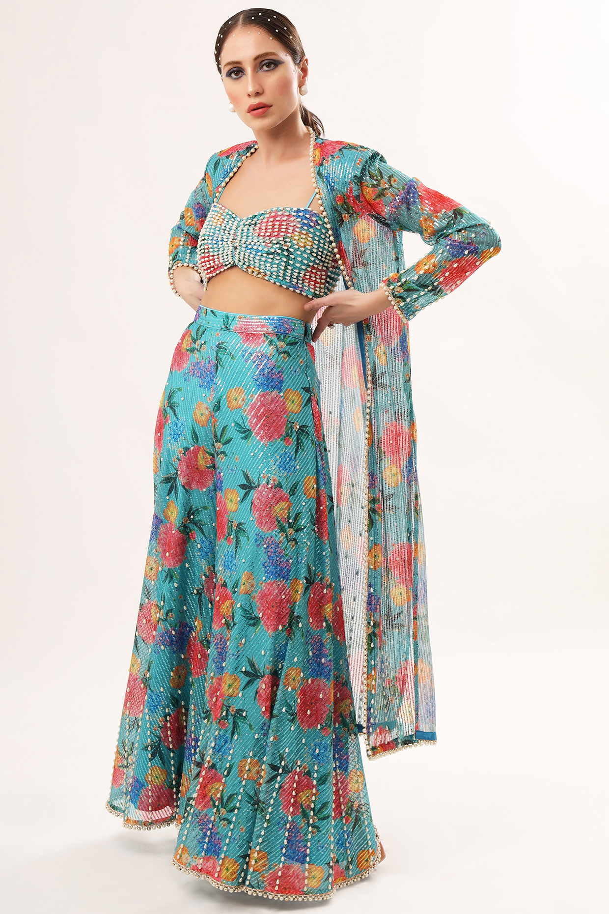 Turquoise Net & Satin Embroidered Wedding Sharara Set by Nitya Bajaj at Pernia's Pop Up Shop