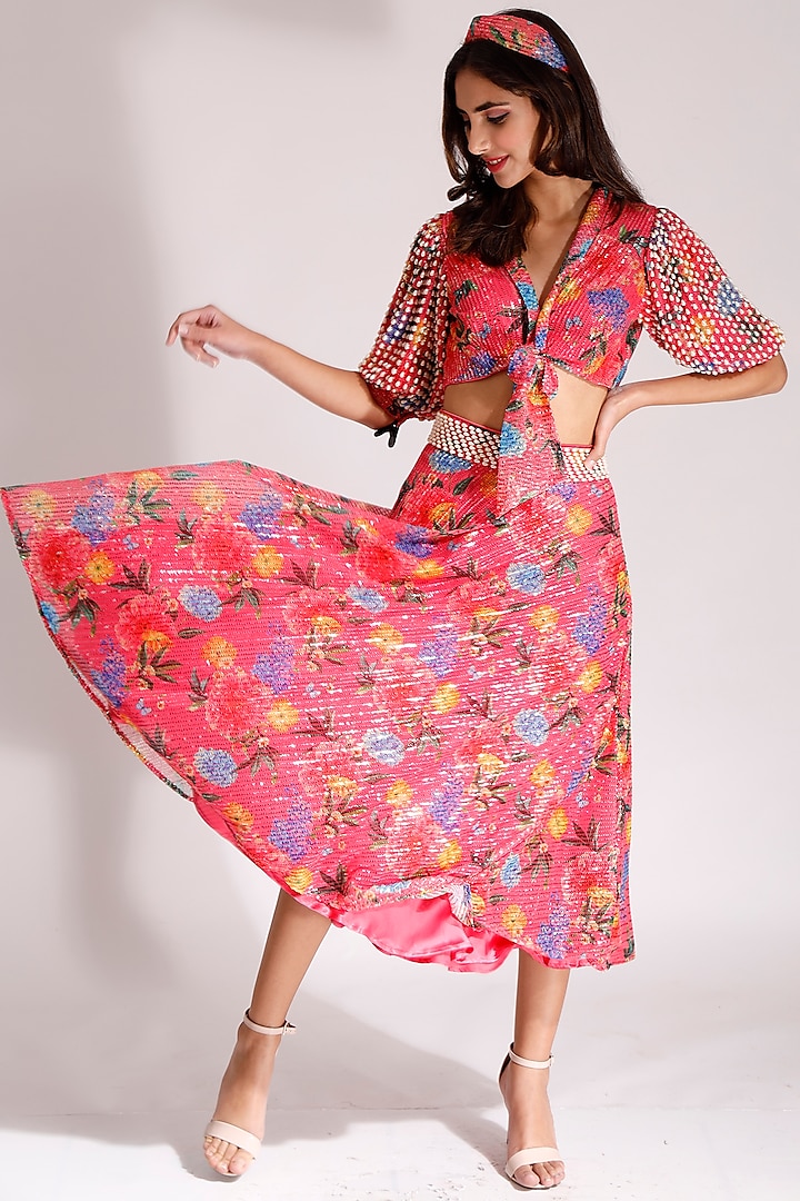 Coral Net & Satin Embroidered Skirt Set by Nitya Bajaj
