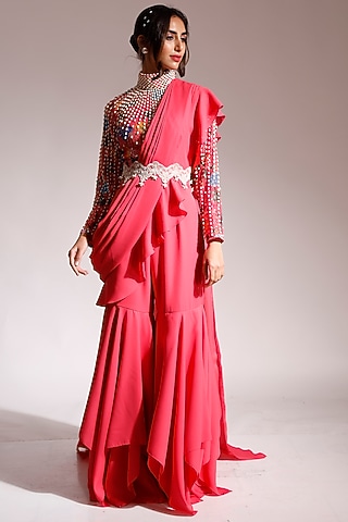 Coral Georgette Draped Sharara Pant Saree Set by Nitya Bajaj