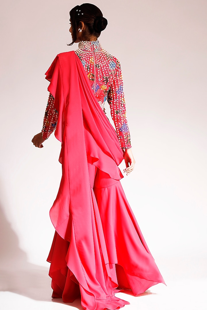Coral Georgette Draped Sharara Pant Wedding Saree Set by Nitya Bajaj at Pernia's Pop Up Shop