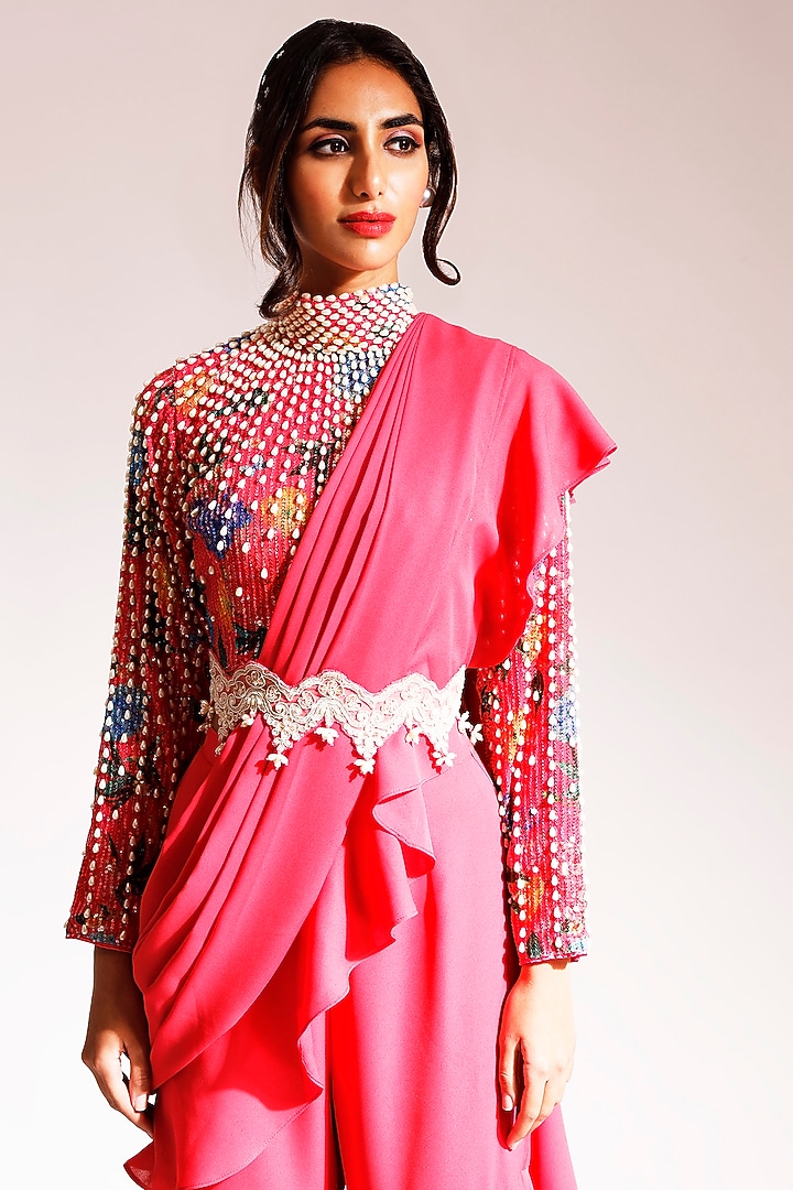 Coral Georgette Draped Sharara Pant Wedding Saree Set by Nitya Bajaj at Pernia's Pop Up Shop