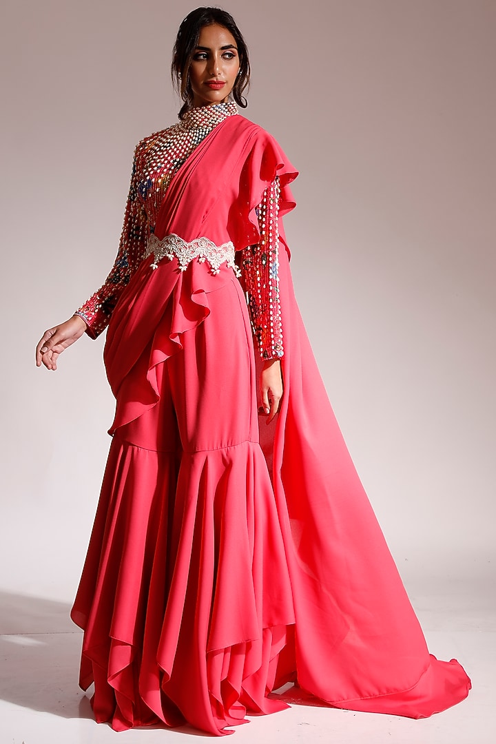 Coral Georgette Draped Sharara Pant Wedding Saree Set by Nitya Bajaj at Pernia's Pop Up Shop