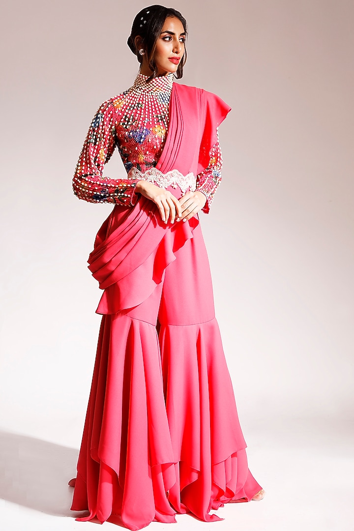 Coral Georgette Draped Sharara Pant Wedding Saree Set by Nitya Bajaj at Pernia's Pop Up Shop