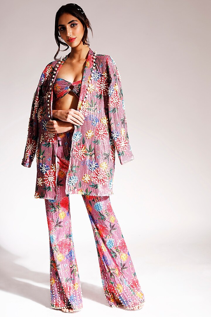 Onion Pink Net & Satin Embroidered Blazer Set by Nitya Bajaj