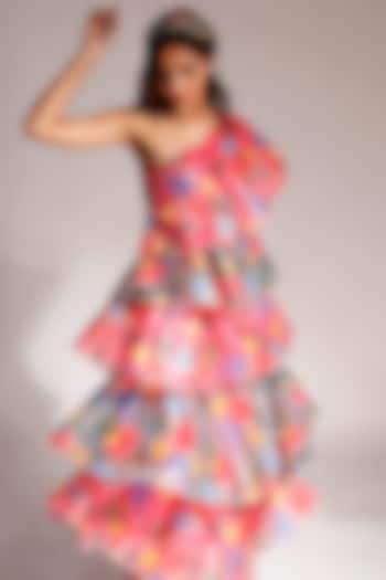 Coral & Grey Satin Embroidered One-Shoulder Dress by Nitya Bajaj