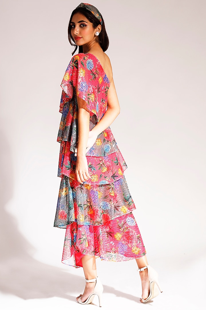 Coral & Grey Satin Embroidered One-Shoulder Vacation Dress by Nitya Bajaj at Pernia's Pop Up Shop