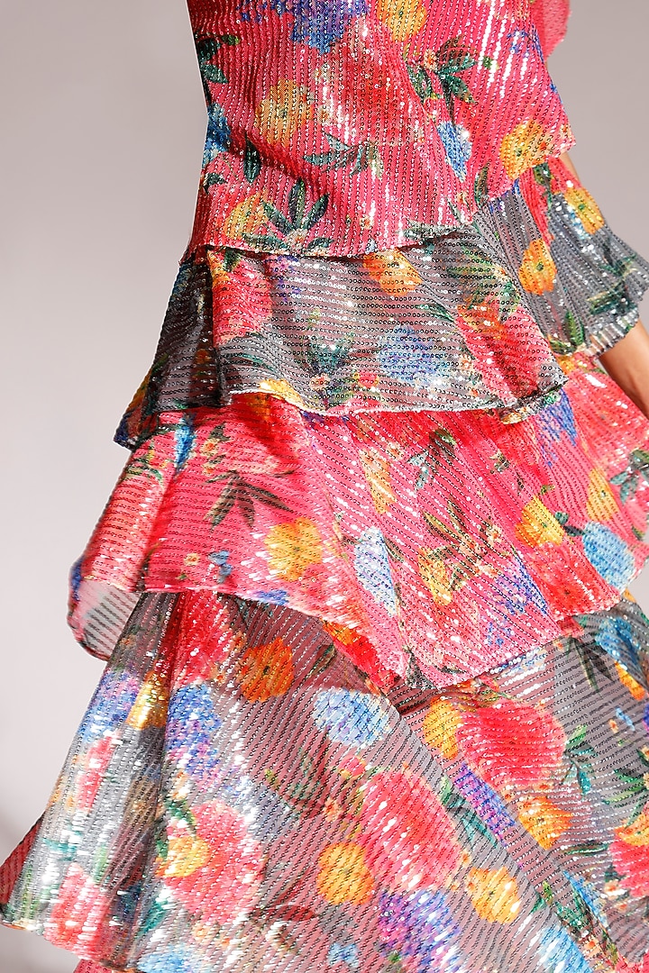 Coral & Grey Satin Embroidered One-Shoulder Vacation Dress by Nitya Bajaj at Pernia's Pop Up Shop