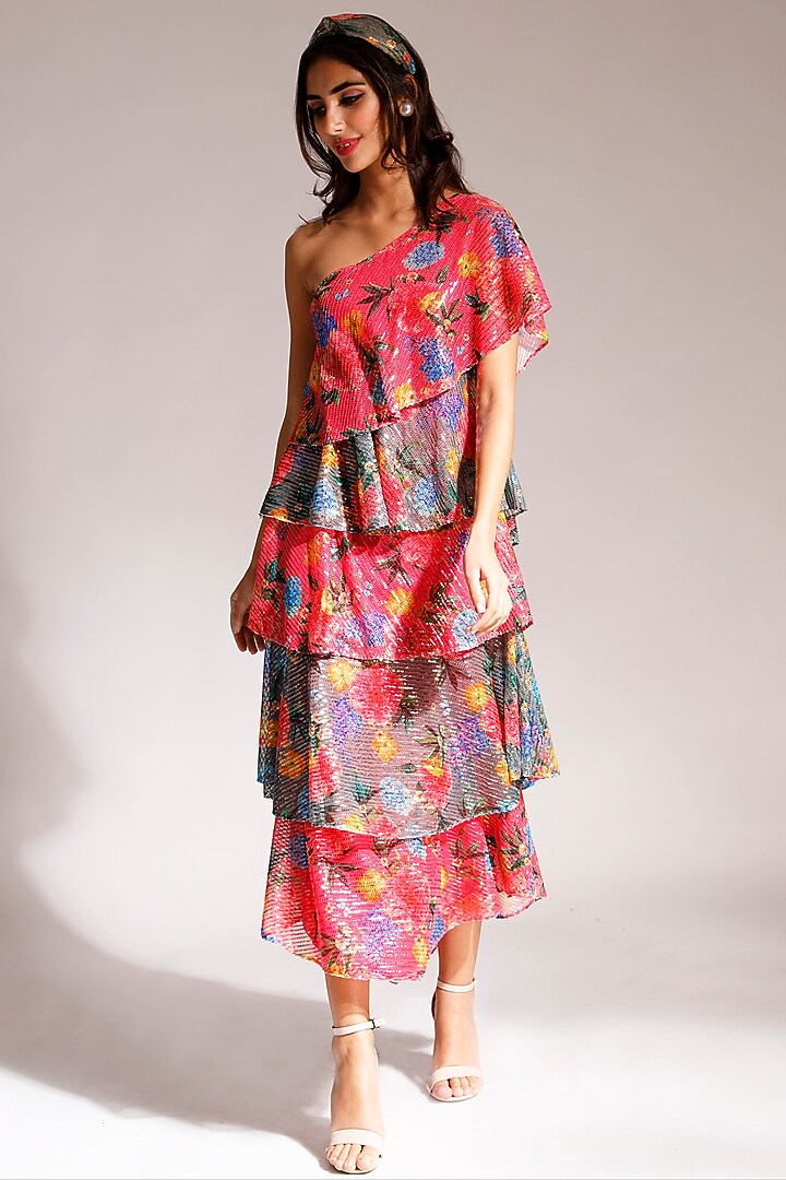 Coral & Grey Satin Embroidered One-Shoulder Vacation Dress by Nitya Bajaj at Pernia's Pop Up Shop