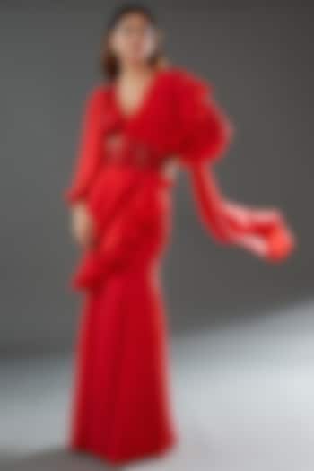 Red Viscose Georgette Pre-Stitched Saree Set by Nitya Bajaj