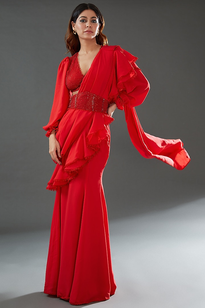 Red Viscose Georgette Pre-Stitched Saree Set by Nitya Bajaj