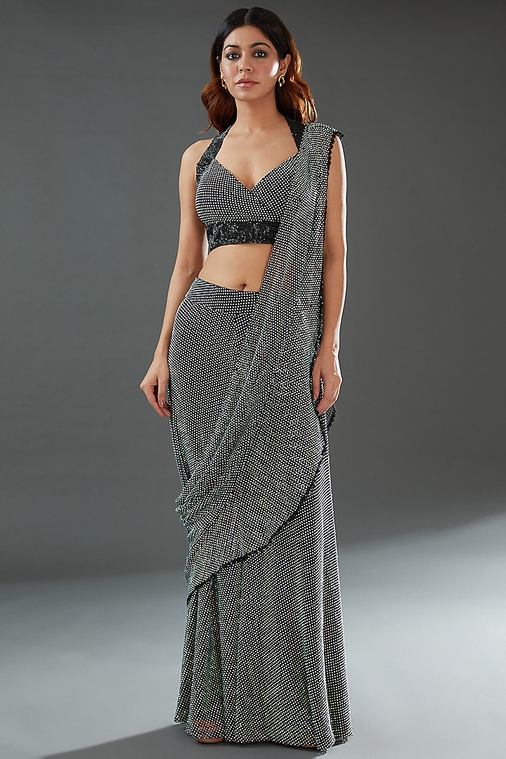 Black Mesh & Satin Sharara Saree Set by Nitya Bajaj at Pernia's Pop Up Shop