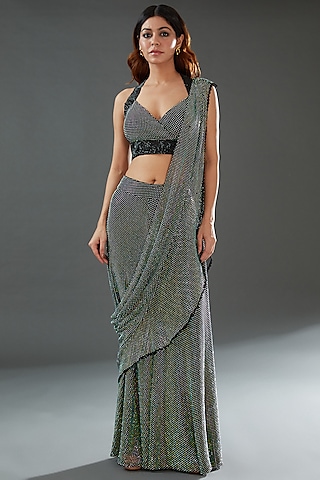 Black Mesh & Satin Sharara Saree Set by Nitya Bajaj