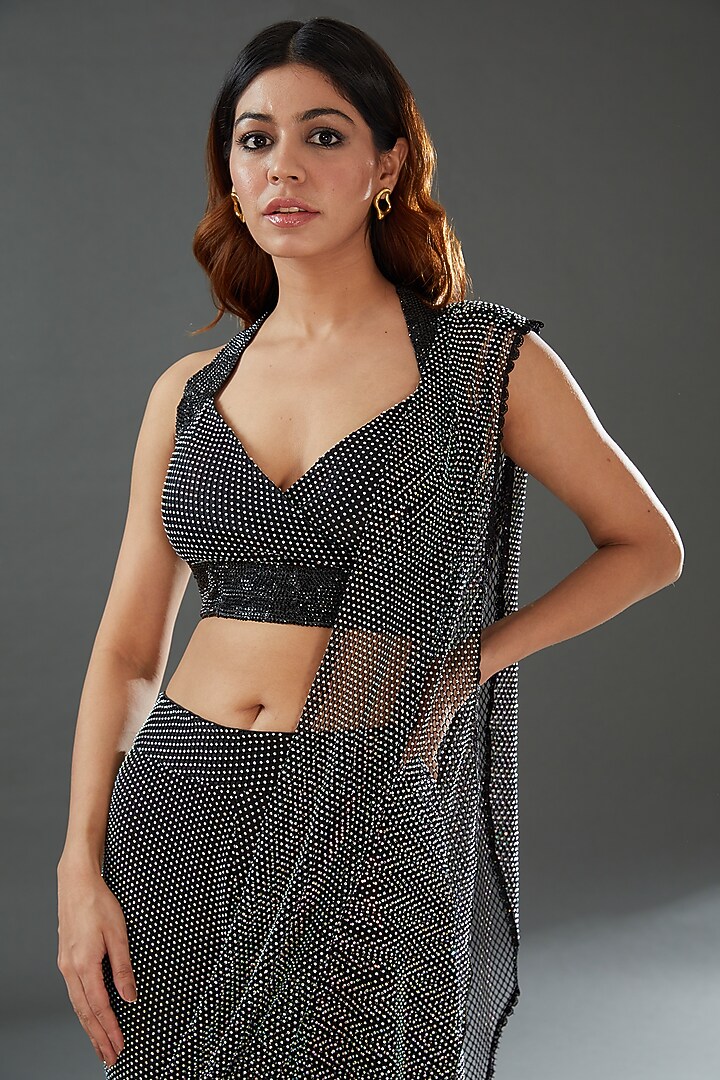 Black Mesh & Satin Sharara Wedding Saree Set by Nitya Bajaj at Pernia's Pop Up Shop