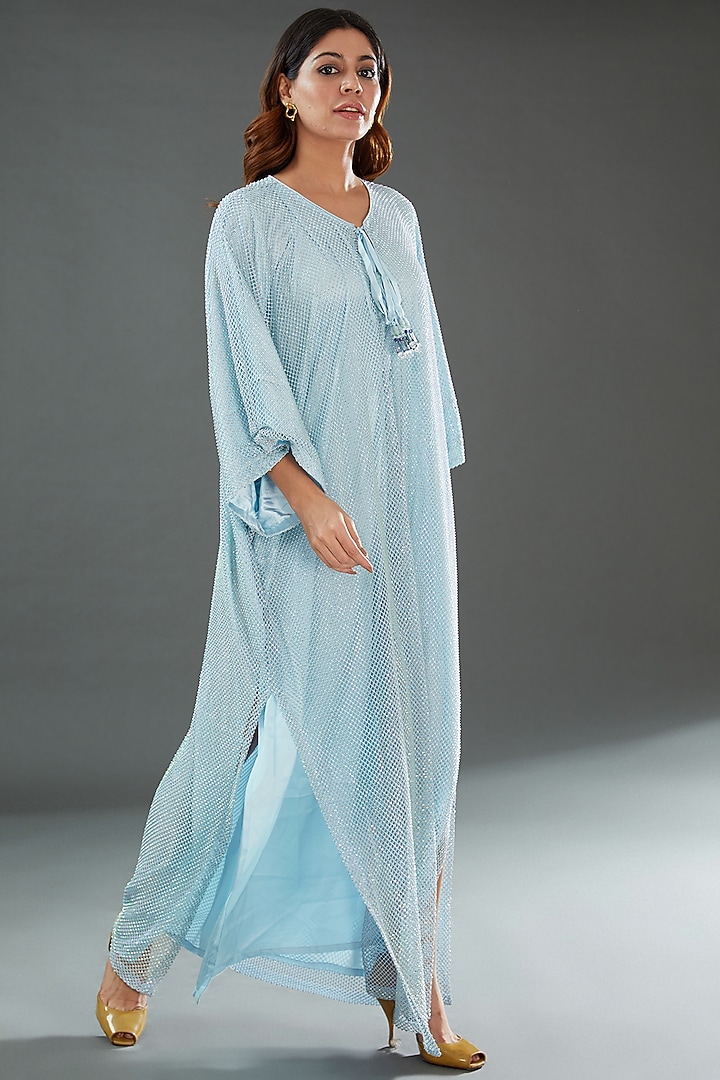Blue Mesh & Satin Embellished Kaftan by Nitya Bajaj at Pernia's Pop Up Shop
