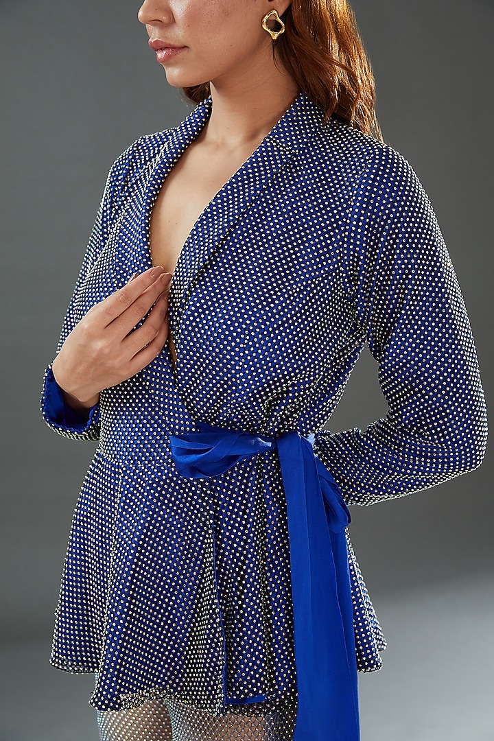 Blue Mesh & Taffeta Peplum Top by Nitya Bajaj at Pernia's Pop Up Shop