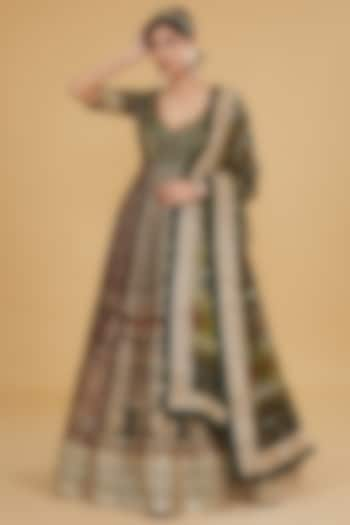 Black Modal Silk Ajrakh Printed & Embroidered Anarkali Set by Nitya Bajaj at Pernia's Pop Up Shop