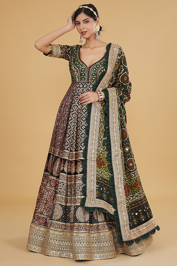 Black Modal Silk Ajrakh Printed & Embroidered Anarkali Set by Nitya Bajaj at Pernia's Pop Up Shop