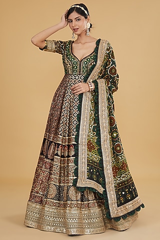 Black Modal Silk Ajrakh Printed & Embroidered Anarkali Set by Nitya Bajaj