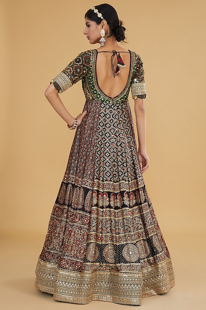 Black Modal Silk Ajrakh Printed & Embroidered Bridal Anarkali Set by Nitya Bajaj at Pernia's Pop Up Shop