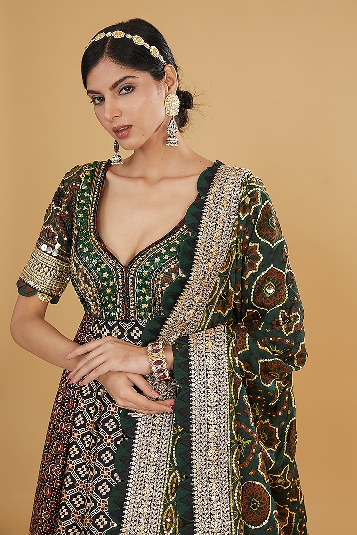 Black Modal Silk Ajrakh Printed & Embroidered Bridal Anarkali Set by Nitya Bajaj at Pernia's Pop Up Shop