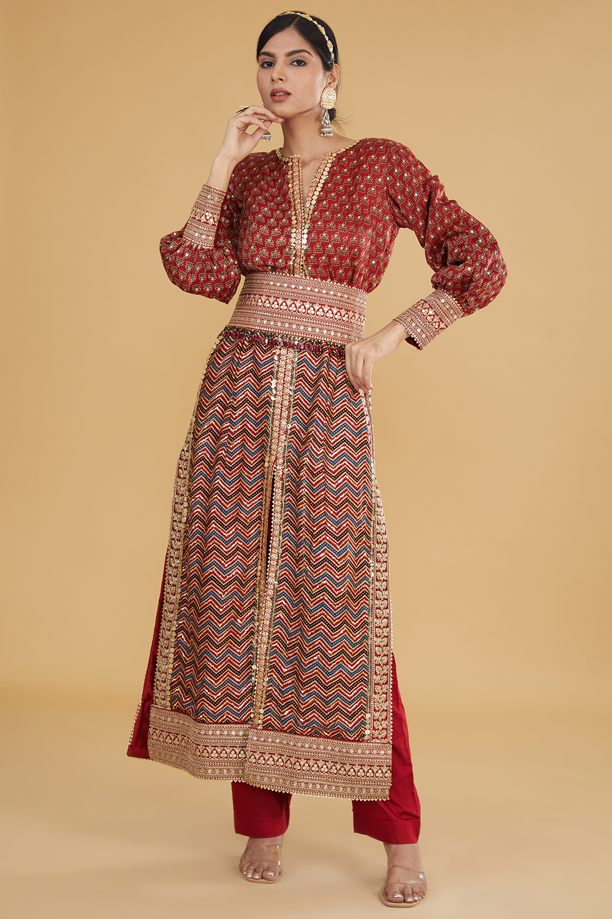 Red Modal Silk Ajrakh Printed & Embroidered Kurta Set by Nitya Bajaj at Pernia's Pop Up Shop