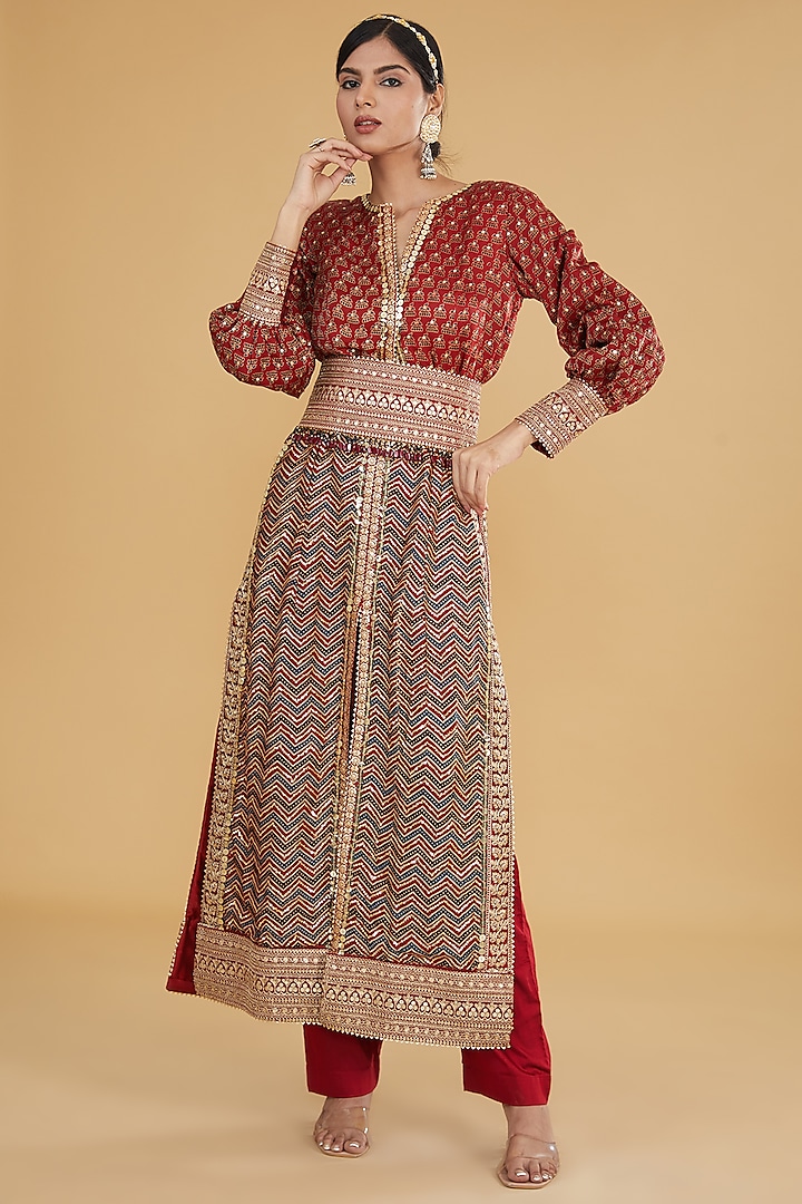 Red Modal Silk Ajrakh Printed & Embroidered Kurta Set by Nitya Bajaj at Pernia's Pop Up Shop