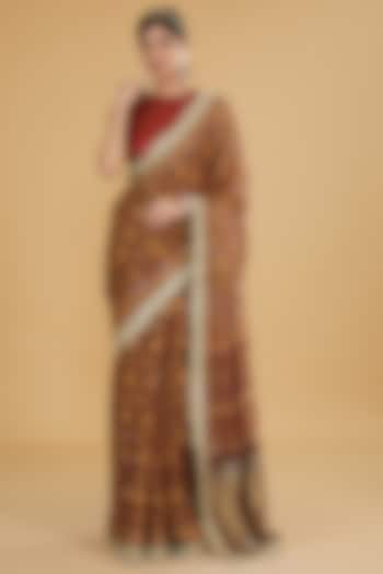 Maroon Modal Silk Ajrakh Printed & Embroidered Saree Set by Nitya Bajaj at Pernia's Pop Up Shop