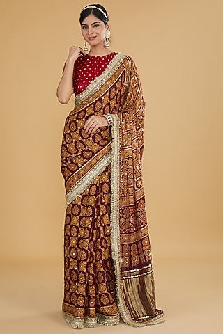Maroon Modal Silk Ajrakh Printed & Embroidered Saree Set by Nitya Bajaj