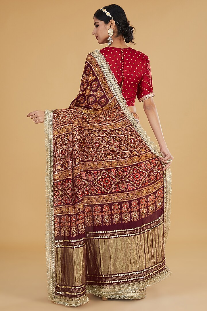 Maroon Modal Silk Ajrakh Printed & Embroidered Wedding Saree Set by Nitya Bajaj at Pernia's Pop Up Shop