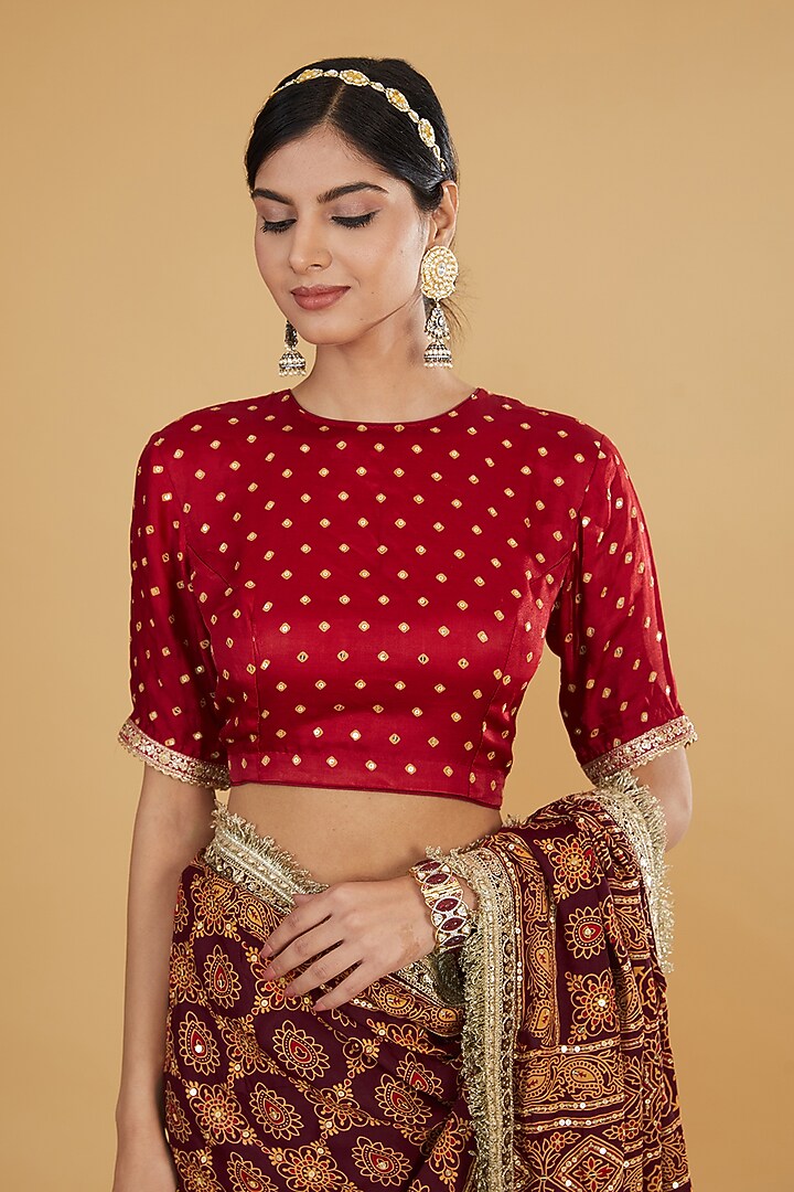 Maroon Modal Silk Ajrakh Printed & Embroidered Wedding Saree Set by Nitya Bajaj at Pernia's Pop Up Shop