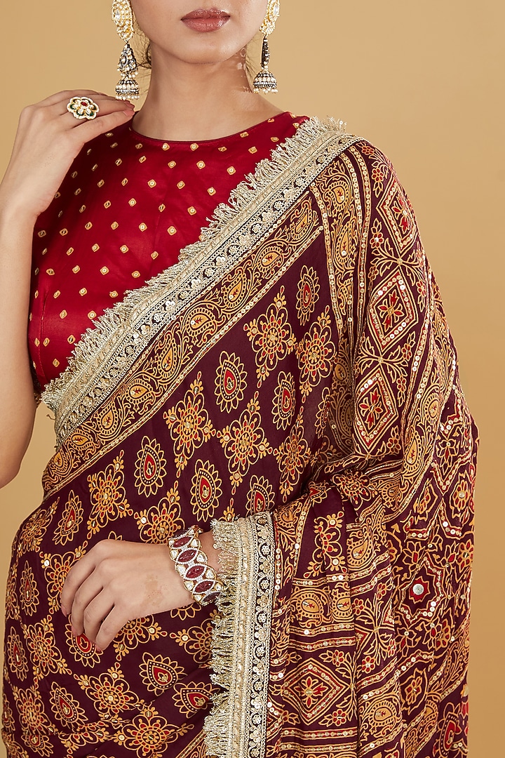 Maroon Modal Silk Ajrakh Printed & Embroidered Wedding Saree Set by Nitya Bajaj at Pernia's Pop Up Shop