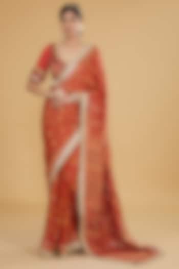 Red Modal Silk Ajrakh Printed & Embroidered Saree Set by Nitya Bajaj