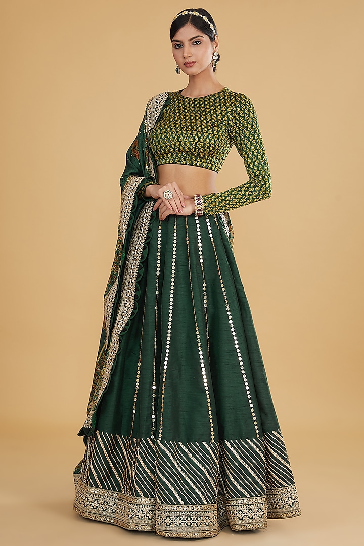 Green Raw Silk & Modal Silk Sequins Hand Embroidered Lehenga Set by Nitya Bajaj