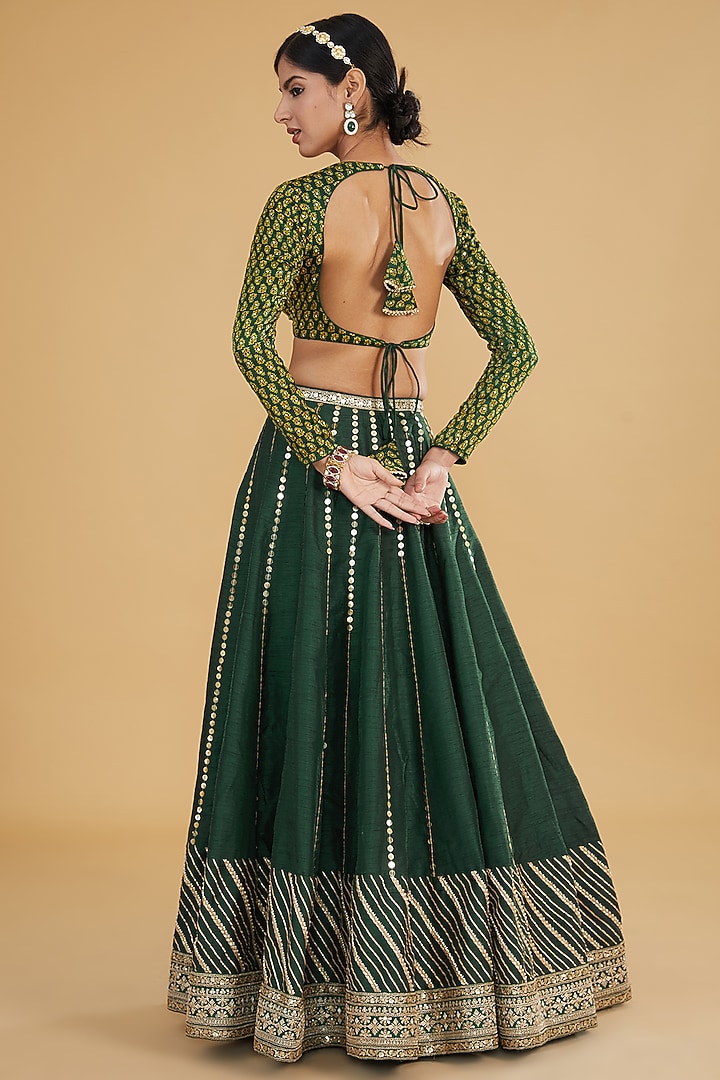Green Raw Silk & Modal Silk Sequins Hand Embroidered Wedding Lehenga Set by Nitya Bajaj at Pernia's Pop Up Shop