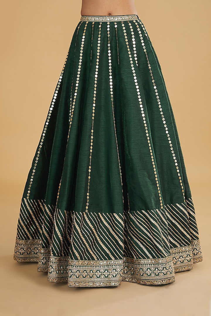 Green Raw Silk & Modal Silk Sequins Hand Embroidered Wedding Lehenga Set by Nitya Bajaj at Pernia's Pop Up Shop
