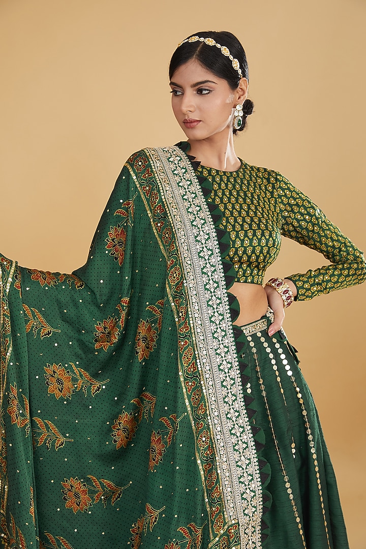 Green Raw Silk & Modal Silk Sequins Hand Embroidered Wedding Lehenga Set by Nitya Bajaj at Pernia's Pop Up Shop