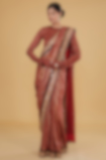 Red Georgette & Modal Silk Sequins Embroidered Saree Set by Nitya Bajaj