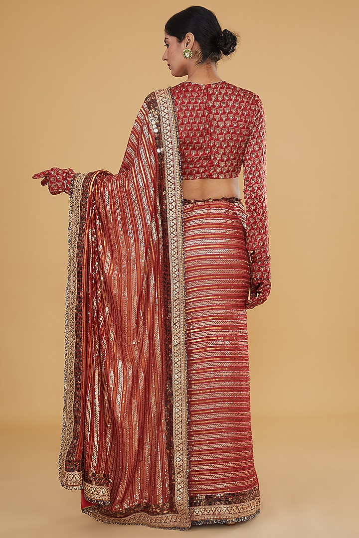 Red Georgette & Modal Silk Sequins Embroidered Wedding Saree Set by Nitya Bajaj at Pernia's Pop Up Shop